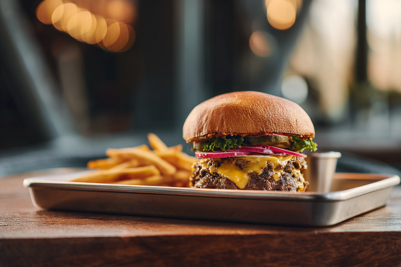 Cheeseburger and fries on tray