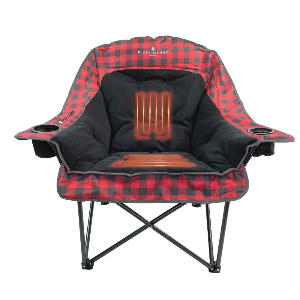 Red and black heated camping chair