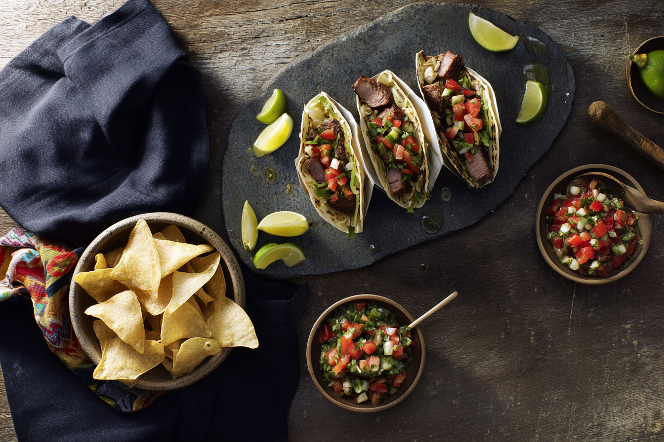 Street tacos with chips and salsa